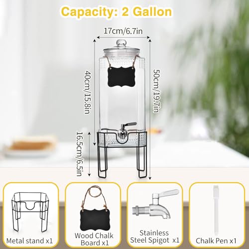 2 Gallon Glass Drink Dispenser, Drink Dispensers for Parties, Beverage Dispenser with Stand and Glass Lid, 100% Leakproof Spigot, Ideal for Lemonade, Juice, Laundry Detergent Dispenser