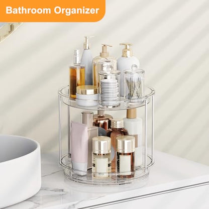 360 Rotating Makeup Organizer, 2 Tier Skincare & Perfume Holder for Bathroom Counter, Clear Spinning Vanity Tray, Lazy Susan Turntable Organizer for Dresser, Kitchen Cabinet