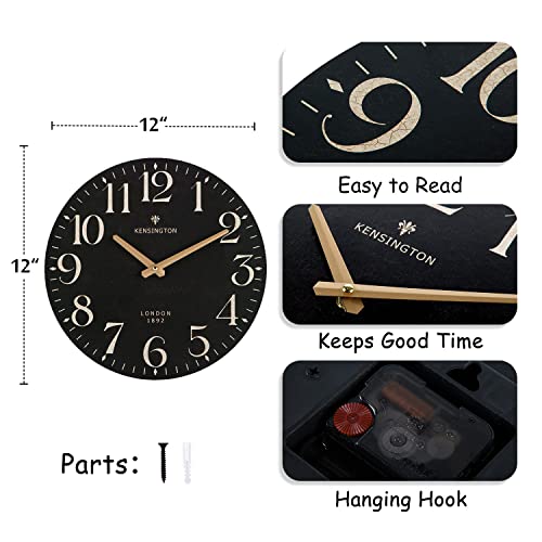 NIKKY HOME Farmhouse Small Wall Clock, 12 Inch Black Clock Battery Operated | Silent Non Ticking Vintage Decorative Round Analog Rustic Wooden Clocks for Kitchen, Living Room, Bedroom, Bathroom, Office