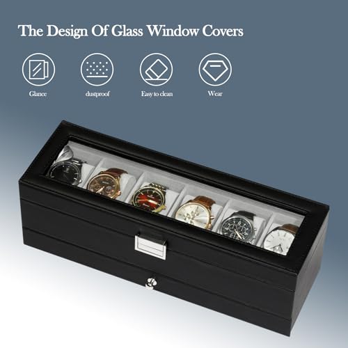 Watch Box for Men 6 Slot,Double Layer Mens Watch Case Display Organizer with Real Glass Top,Large Holder for 50mm Watches,PU Leather Jewelry Drawer Storage Valet Tray for Men,Black
