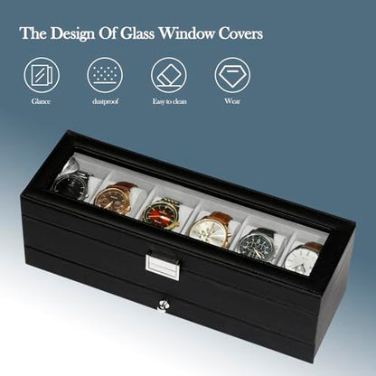 Watch Box for Men 6 Slot,Double Layer Mens Watch Case Display Organizer with Real Glass Top,Large Holder for 50mm Watches,PU Leather Jewelry Drawer Storage Valet Tray for Men,Black