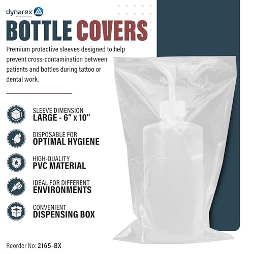 Dynarex Wash Bottle Bags - Disposable Sleeve Covers for Tattoo Squeeze Bottle - Sterile Pouches for Full Coverage - Large Size, Box of 500