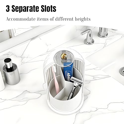 JEESA Dustproof Toothbrush Holder with Cover, Transparent/White | 360° Rotating, 180° Sliding Lid, 3 Slots, Toothbrush Organizer, for Bathroom Countertop