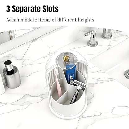 JEESA Dustproof Toothbrush Holder Organizer with Drainage, White | Sliding Door Cover, 360 Rotating, 3 Slots, Bathroom Countertop
