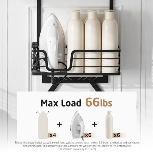 KES Over The Door Ironing Board Holder, Ironing Board Hanger Door Mount with Storage Shelf Y and T Shaped Fits for 1 3/8 Doors Matte Black, HIR501A-BK
