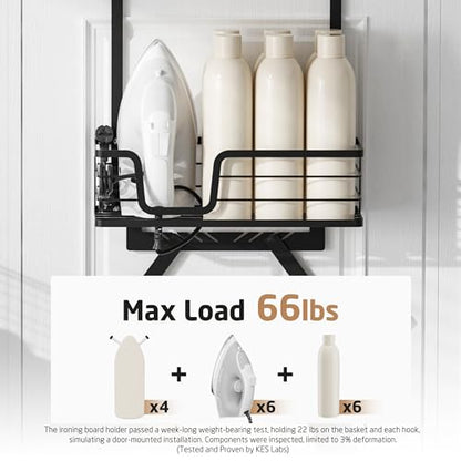 KES Over The Door Ironing Board Holder, Ironing Board Hanger Door Mount with Storage Shelf Y and T Shaped Fits for 1 3/8 Doors Matte Black, HIR501A-BK