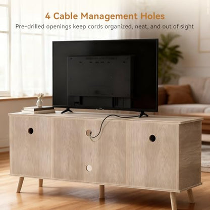 LUCKLIFE Rattan TV Stand for 65 Inch Television with Charging Station,59" Mid Century Modern Entertainment Center, Boho Media Console with Storage Cabinet Open Shelves for Living Room,Natural