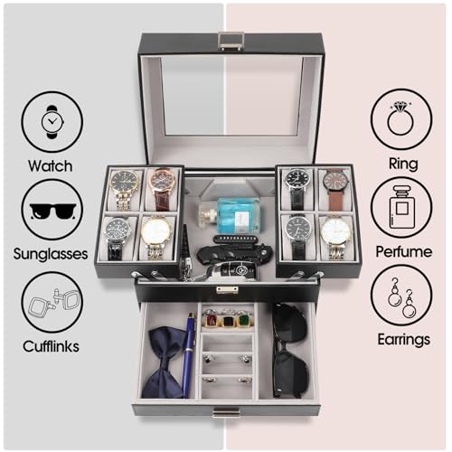 Watch Box, Watch Case for Men, 8 Slot Watch Display Case, 3 Layers Large Sunglass Storage Organizer for Watch, Ring, Jewelry, Gift Idea, PU Leather (Black)
