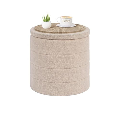 Round Storage Ottoman Foot Rest Stool with Tray Velvet Sherpa Folding Storage Ottoman,Boucle Foot Rest for Living Room, Bedroom, Dorm,Beige Color