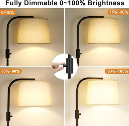 Arc Floor Lamp for Living Room with Rotary Switch, Linen Shade | Dimmable, Adjustable Head, 9W LED Bulb, Black, for Bedroom Office Dorm