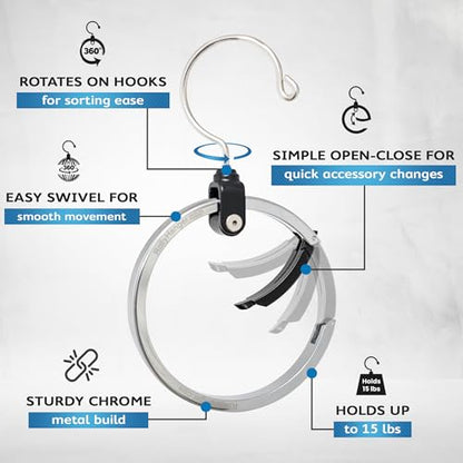 Rolly Hanger® Premium Closet Organizer, Rotating Aluminum Ring Hanger with 360° Swivel Hook, Space Saving Accessory Holder for Belts, Ties, Hats, Scarves, Purses & Handbags | Closet Organizer (2 Pack)