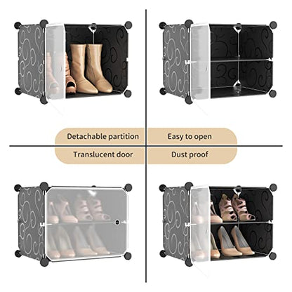 Portable Shoe Rack Organizer with Door, 48 Pairs Shoe Storage Cabinet Easy Assembly, Plastic Adjustable Shoe Organizer Stackable Detachable Free Standing Shoe Rack DIY Expandable 8 Tier Black