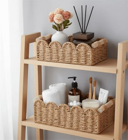 CubesLand Scalloped Toilet Paper Storage Basket for Over Toilet Shelves | Decorative Wicker Organizer Basket Perfect for Home Countertop Storage, Small Basket, Living Room Shelf Decor, Neutral