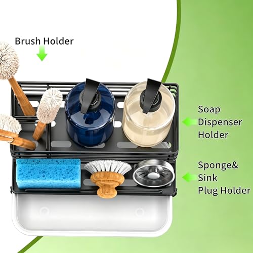 Sponge Holder for Kitchen, Sink Caddy Organizer, Kitchen Sink Accessories with Drip Tray, Rustproof and Non-slip Kitchen Sink Sponge Holder (Black)