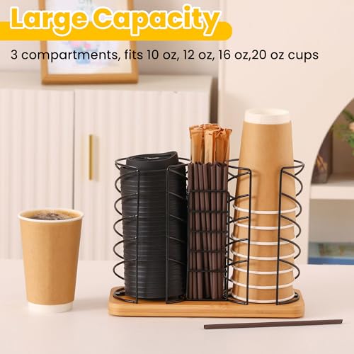 Coffee Station Organizer for Countertop, Cup and Lid Organizer with Straw Holder, 3 Section Disposable Cup Dispenser Rack with Bamboo Base for Office, Cafe, Kitchen, Break Room