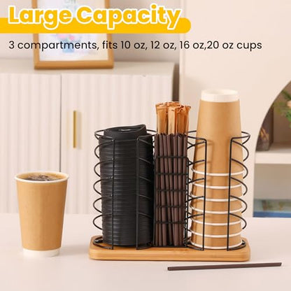 Coffee Station Organizer for Countertop, Cup and Lid Organizer with Straw Holder, 3 Section Disposable Cup Dispenser Rack with Bamboo Base for Office, Cafe, Kitchen, Break Room