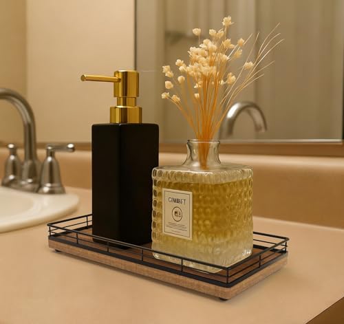 Bathroom Vanity Tray for Countertop, 12" x 6" Acacia Wood Toilet Tank Tray | Metal Guardrail, Bathroom Organizer for Soap, Perfume & Skincare, Non-Slip Decorative Tray for Dresser, Black & Acacia