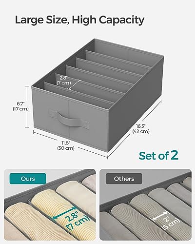 SONGMICS Set of 2 Large Size Wardrobe Clothes Organizers, Dove Gray | 6-Compartment Foldable Drawer Organizers with Handles, 16.5 x 11.8 x 6.7 Inches, for Pants, Sweaters, Jeans URUS009G02