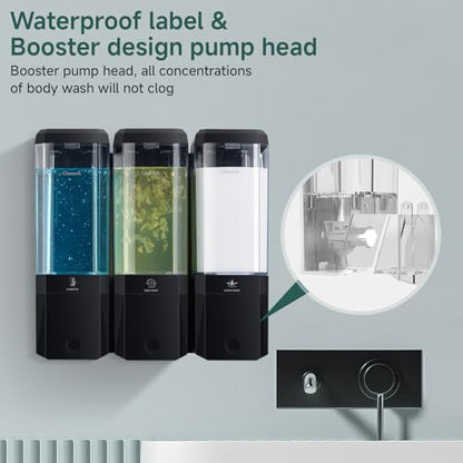 Shampoo and Conditioner Dispenser 3 Chamber No Drill Shampoo Dispenser for Shower Wall Mounted Shower Soap Dispenser 3 * 500ml Refillable Shower Dispenser for Bathroom Hotel(Black 3 Chamber)