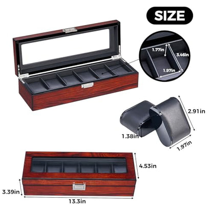 BEWISHOME Watch Box, 6 Slot Wooden Watch Cases for Men with Large Glass Lid | Men's Watch Box, Watch Storage Organizer, Watch Display Case, Watch Holder Removable Watch Pillows, Brown SSH06Y