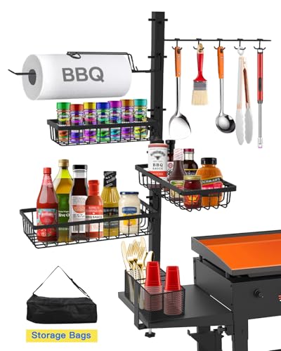 Griddle Caddy for Blackstone Griddle Accessories with Powder Coating, Black | Outdoor Kitchen Accessories, BBQ Grill Condiment Caddy with Paper Towel Holder, Camping Essentials Gifts for Husband & Him