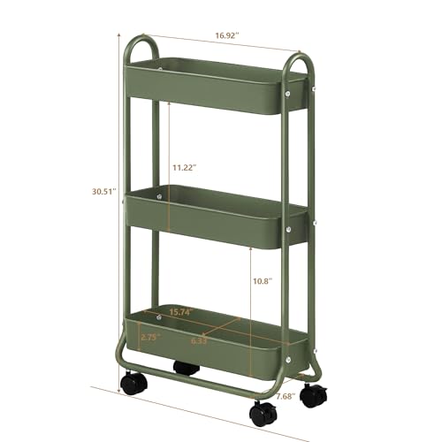 SunnyPoint Slim Rolling Storage Cart, 3 Tier Bathroom Storage Organizer Bathroom, Laundry Utility Cart (Army)