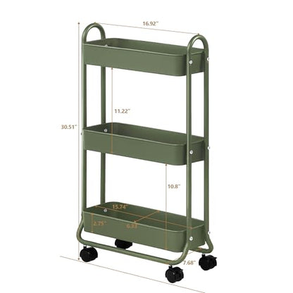 SunnyPoint Slim Rolling Storage Cart, 3 Tier Bathroom Storage Organizer Bathroom, Laundry Utility Cart (Army)