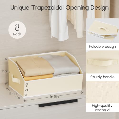 Large Closet Organizers and Storage Bins - 8 Pack Trapezoid Storage Baskets for Shelves, Foldable Fabric Baskets with Handles Ideal for Closet, Basket, Wardrobe and Shelf Storage, Beige