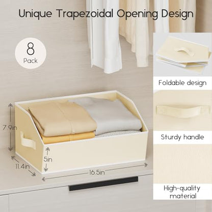 Large Closet Organizers and Storage Bins - 8 Pack Trapezoid Storage Baskets for Shelves, Foldable Fabric Baskets with Handles Ideal for Closet, Basket, Wardrobe and Shelf Storage, Beige