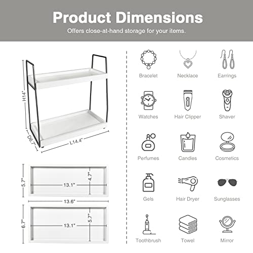 Forbena 2 Tier Bathroom Counter Organizer, White and Grey Coffee Bar Organizer for Countertop, Wood Shelf Tray for Vanity Makeup Storage, Small Kitchen Sink Top Organizers for Coffee Bar Station