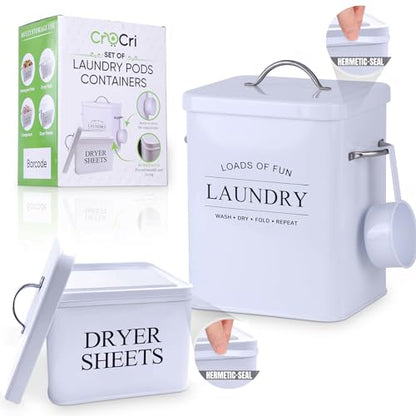 Metal Laundry Detergent Container Set for Powder, Pods and Dryer Sheets, 2 Galvanized Canisters with Scoop, Airtight Silicone Gasket Lids, 10 lb Capacity, White