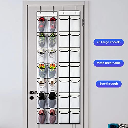 KEEPJOY 2 Pack White 14 Pockets Over the Door Shoe Organizer, Hanging Shoe Organizer with 4 Hooks, Shoe Holder with 14 Mesh Pockets Closet Door Shoe Storage Bag (White-2Pack)