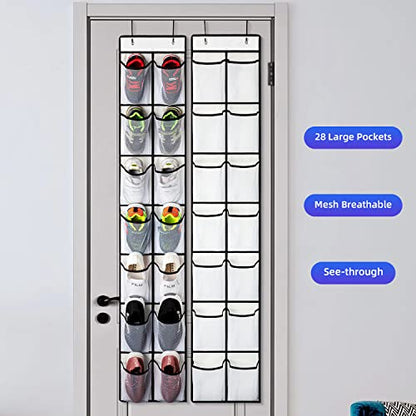 KEEPJOY 2 Pack White 14 Pockets Over the Door Shoe Organizer, Hanging Shoe Organizer with 4 Hooks, Shoe Holder with 14 Mesh Pockets Closet Door Shoe Storage Bag (White-2Pack)