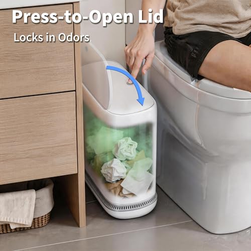 Small Bathroom Trash Can with Lid, 2.3 Gallon Slim Trash Can, Narrow Garbage Can with Hidden Liner & Auto-Smooth Bag Fit, Press-to-Open Lid, White, for Bathroom, Bedroom, Office, Kitchen