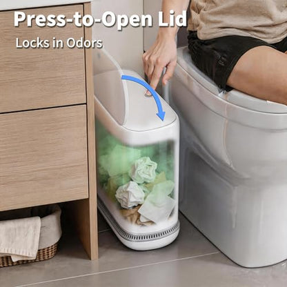 Small Bathroom Trash Can with Lid, 2.3 Gallon Slim Trash Can, Narrow Garbage Can with Hidden Liner & Auto-Smooth Bag Fit, Press-to-Open Lid, White, for Bathroom, Bedroom, Office, Kitchen