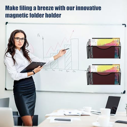 Magnetic File Holder 2 Pockets File Folder Organizer, Office Hanging Magazine Rack for Refrigerator, White Board, No Drilling Paper Document Holder Mail Organizer for File Cabinets