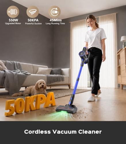 Cordless Vacuum Cleaner, 550W 50KPa 45Mins Vacuum Cleaners for Home, Self-Standing Stick Vacuum with Anti-Tangle Brush & LED Display for Hardwood Floors, Carpet, Pet Hair, Car