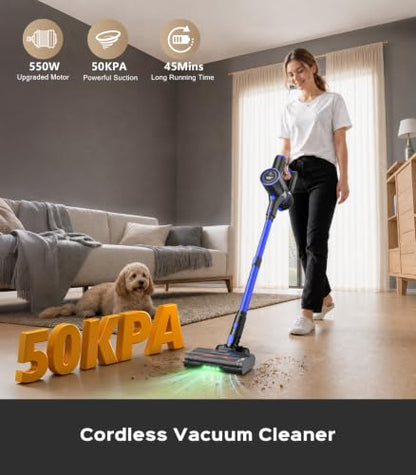 Cordless Vacuum Cleaner, 550W 50KPa 45Mins Vacuum Cleaners for Home, Self-Standing Stick Vacuum with Anti-Tangle Brush & LED Display for Hardwood Floors, Carpet, Pet Hair, Car