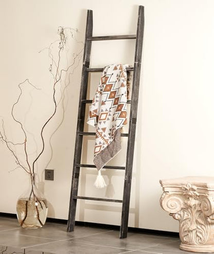Blanket Ladder 6-Tier Washed Black, Rustic Towel & Quilt Display Rack | rustic black ladder for living room, bedroom or bathroom. Holds quilts, towels & blankets. Sturdy 6-tier wood. Easy assembly