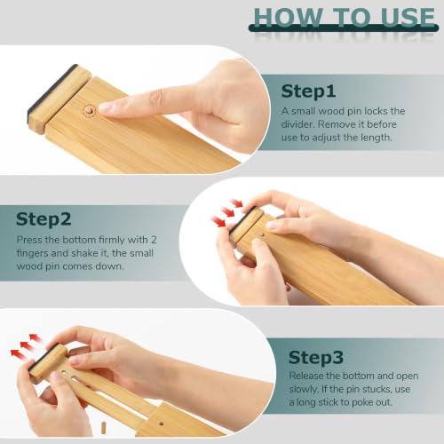 Kitchen Drawer Dividers 4 Pack Adjustable Bamboo Drawer Organizer | 17-22" Adjustable, Spring Loaded, Expandable Utensil Organizer, Works in Kitchen, Dresser, Bathroom, Bedroom, Closet