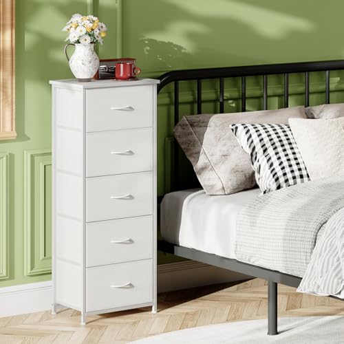Somdot Tall Dresser for Bedroom, 5 Drawer Storage Cabinet, White | Fabric Dresser with Removable Bins, Steel Frame, Wood Top Home Furniture, Closet Organizer, Nursery, Dorm, Entryway Storage