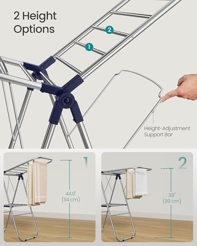 SONGMICS Clothes Drying Rack, Foldable Laundry Drying Rack, Blue | Sock Clips, Metal Clothes Airer with Height-Adjustable Gullwings, Space-Saving, Indoor Outdoor, ULLR505EQ01