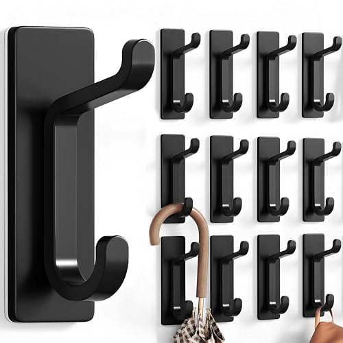 pickpiff 13LB Strong Stick-On Hooks for Coats and Towels, Black 12 Pack