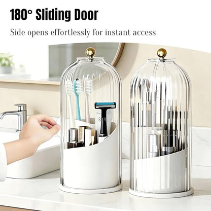 JEESA Dustproof Toothbrush Holder with Cover, Transparent/White | 360° Rotating, 180° Sliding Lid, 3 Slots, Toothbrush Organizer, for Bathroom Countertop