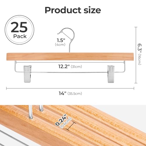 HOUSE DAY Wooden Pants Hangers with Clips, 25 Pack Skirt Hangers, Natural | 14-Inch Wood Hangers with Adjustable Non-Slip Metal Clips & 360° Swivel Hooks, Heavy Duty for Jeans, Slacks, Trousers, Shorts