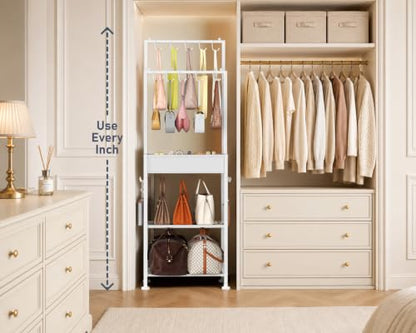 DIMJ Purse Organizer for Closet - Floor-standing Handbag Organizer Rack with 16 Hooks, Purse Storage Shelf Stand for Handbags, Totes, Wallets, Scarves, Bedroom Entryway and Walk-in Closet, White