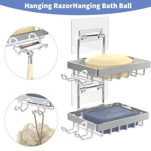 Moforoco Silver Double Soap Bar Holder for Shower, No Drilling Rustproof Stainless Steel, Wall Mounted Soap Holder with 4 Hooks and Razor Holder, Shower Rack Soap Tray Bar Soap for Bathroom & Kitchen