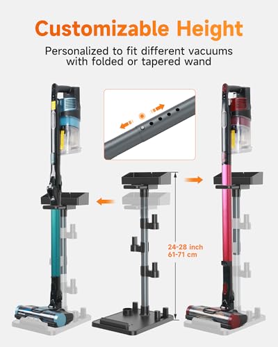 Cordless Vacuum Stand for Stick Vacuum Cleaners, Adjustable Height with 7 Tool Holder and Storage Box, Max 1-4/5 Inch Universal Vac Wand, Black