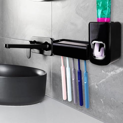 5 Slots Wall Mount Toothbrush Holder with Cover, Self Adhesive Toothbrush Storage Organizer for Shower, Toothbrush Hanger with Automatic Toothpaste Squeezer Dispenser(Black)