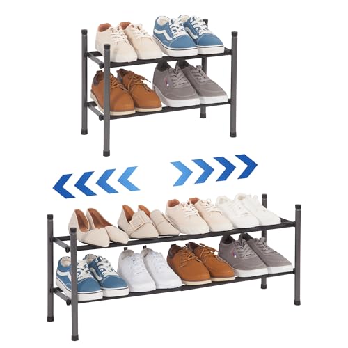 STORAGE MANIAC Expandable Shoe Rack for Closet, 8 Pairs Stackable Small Shoe Rack, Metal Adjustable Shoes Organizer for Entryway, Hallway, Garage, Front Door, Shoes Shelves, Black 2 Tier